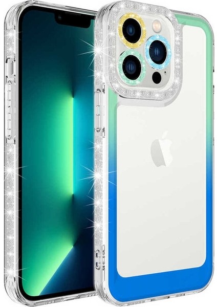 Apple iPhone 13 Pro Uyumlu Kılıf Simli ve Renk Geçiş Tasarımlı Lens Korumalı Park Kapak, Yeşil-Mavi