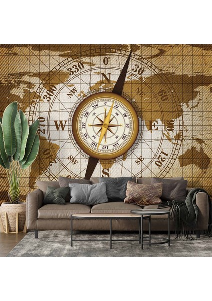 Dünya Haritası Zeminli Pusula Duvar Kağıdı Baskı
