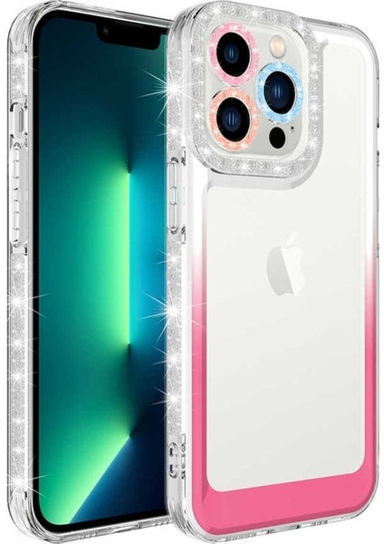 Apple iPhone 13 Pro Uyumlu Kılıf Simli ve Renk Geçiş Tasarımlı Lens Korumalı Park Kapak, Beyaz-Pembe