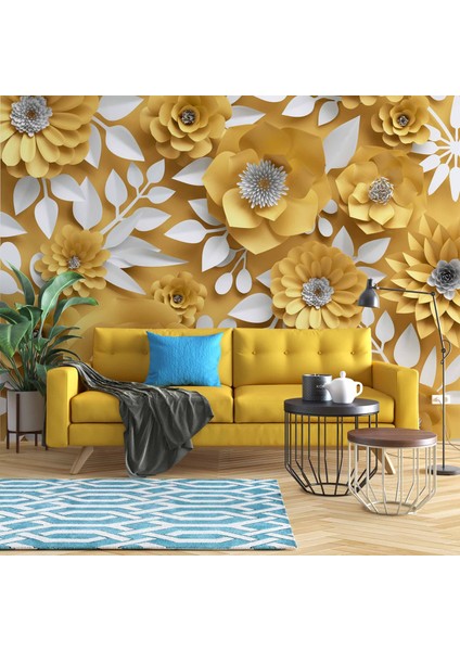 3 Boyutlu Sarı Çiçek Desenli Duvar Kağıdı Baskı
