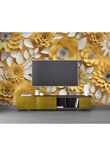 3 Boyutlu Sarı Çiçek Desenli Duvar Kağıdı Baskı modelleri