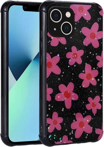 Apple iPhone 13 Uyumlu Kılıf Simli Desenli Kamera Korumalı Parlak Popy Kapak, Çiçek