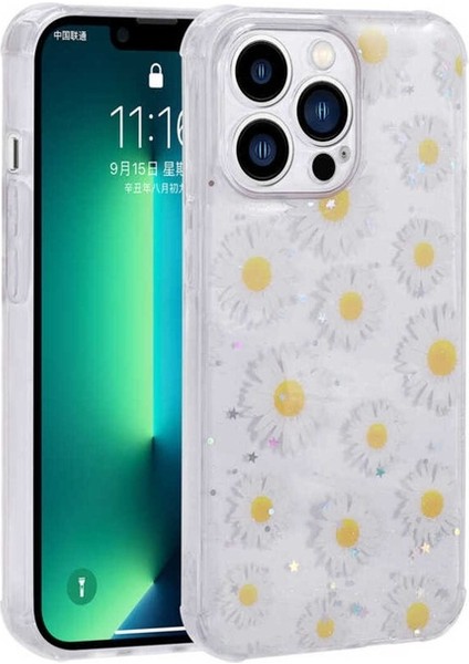 Apple iPhone 13 Pro Uyumlu Kılıf Simli Desenli Kamera Korumalı Parlak Popy Kapak, Papatya