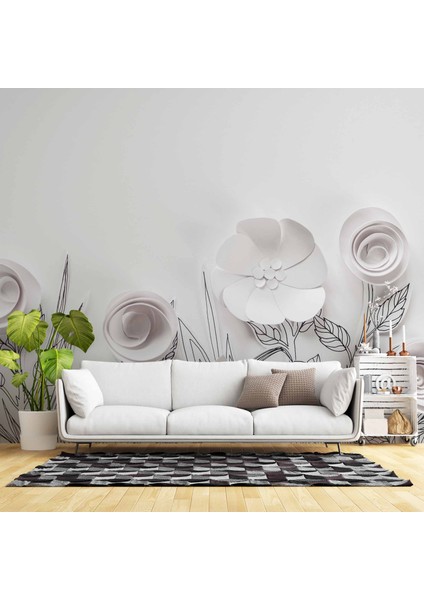 3 Boyutlu Kağıttan Beyaz Çiçek Desenli Duvar Kağıdı Baskı