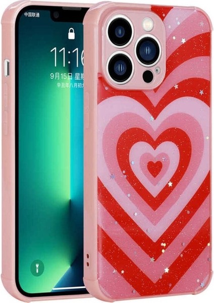 Apple iPhone 13 Pro Uyumlu Kılıf Simli Desenli Kamera Korumalı Parlak Popy Kapak, Kalp