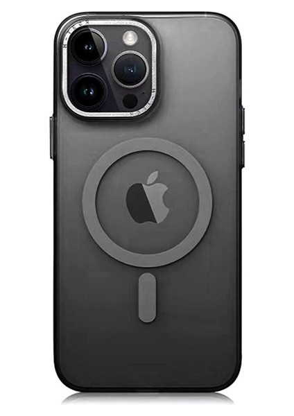Apple iPhone 14 Pro Max Uyumlu Kılıf Magsafe Şarj Özellikli Buzlu Sert Pc Tuval Kapak, Siyah