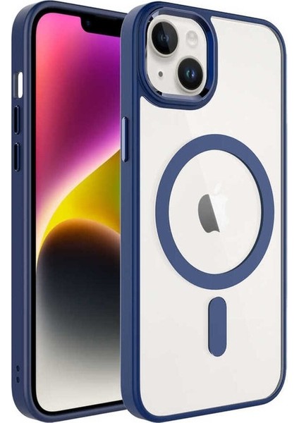 Apple iPhone 14 Plus Uyumlu Kılıf Wireless Şarj Özellikli Krom Magsafe Silikon Kapak, Lacivert