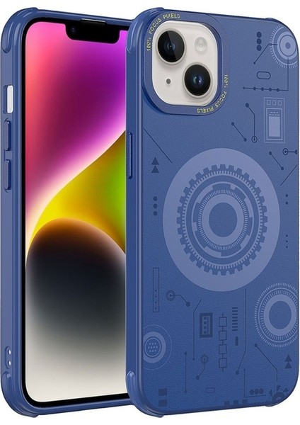 Apple iPhone 14 Plus Uyumlu Kılıf Wireless Şarj Özellikli Desenli Hot Kapak, Lacivert