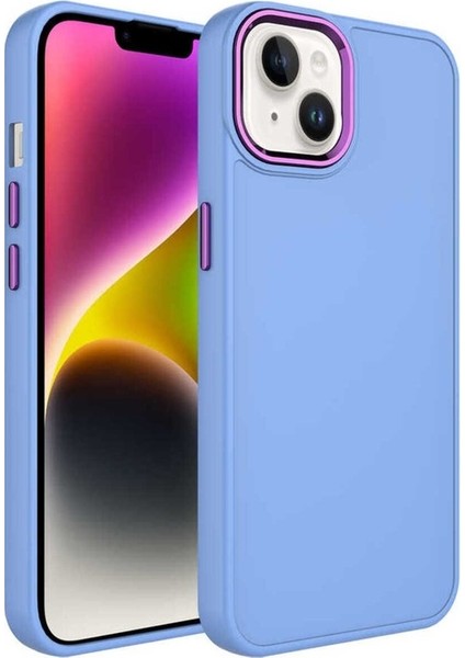 Apple iPhone 14 Plus Uyumlu Kılıf Metal Çerçeve ve Buton Tasarımlı Silikon Luna Kapak, Lila