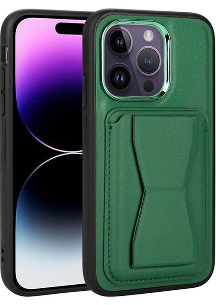 Apple iPhone 14 Pro Max Uyumlu Kılıf Kartlıklı Standlı Pu Deri Memo Kapak, Koyu Yeşil