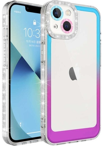 Apple iPhone 14 Plus Uyumlu Kılıf Simli ve Renk Geçiş Tasarımlı Lens Korumalı Park Kapak, Mavi-Mor