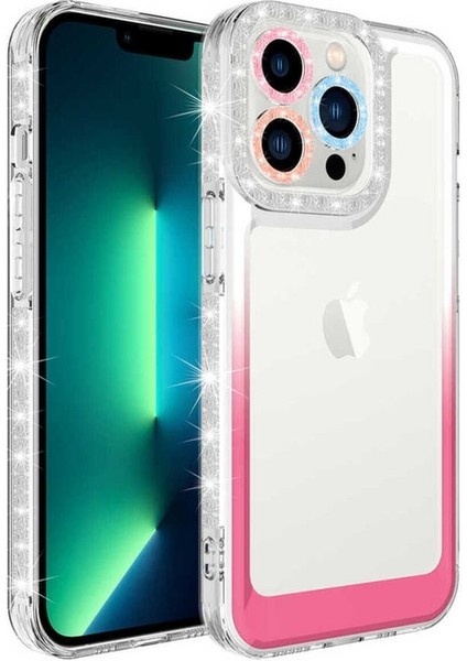 Apple iPhone 14 Pro Max Uyumlu Kılıf Simli ve Renk Geçiş Tasarımlı Lens Korumalı Park Kapak, Beyaz-Pembe