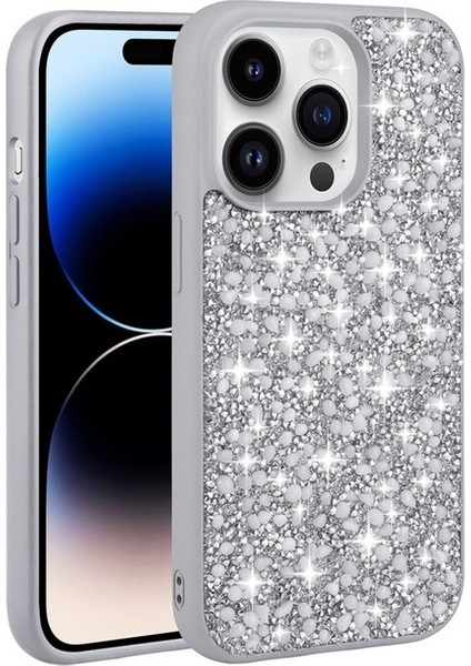 Apple iPhone 14 Pro Uyumlu Kılıf Parlak Taşlı Tasarım Linea Kapak, Gümüş