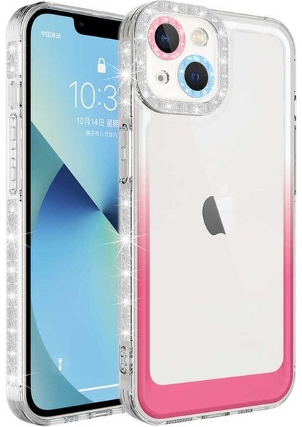 Apple iPhone 14 Plus Uyumlu Kılıf Simli ve Renk Geçiş Tasarımlı Lens Korumalı Park Kapak, Beyaz-Pembe