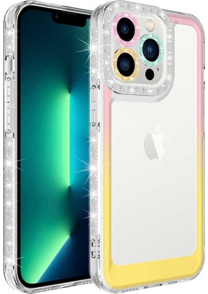 Apple iPhone 14 Pro Uyumlu Kılıf Simli ve Renk Geçiş Tasarımlı Lens Korumalı Park Kapak, Pembe-Sarı
