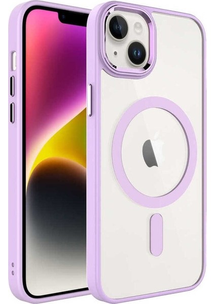 Apple iPhone 14 Plus Uyumlu Kılıf Wireless Şarj Özellikli Krom Magsafe Silikon Kapak, Pembe Açık