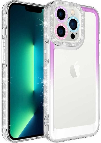 Apple iPhone 14 Pro Max Uyumlu Kılıf Simli ve Renk Geçiş Tasarımlı Lens Korumalı Park Kapak, Mor-Beyaz