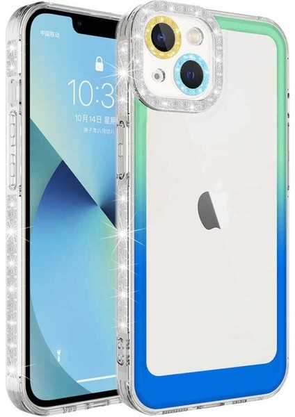 Apple iPhone 14 Plus Uyumlu Kılıf Simli ve Renk Geçiş Tasarımlı Lens Korumalı Park Kapak, Yeşil-Mavi