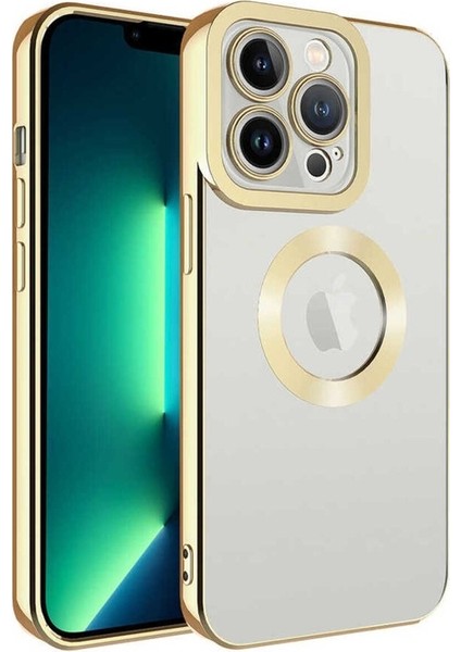 Apple iPhone 14 Pro Uyumlu Kılıf Kamera Korumalı Logo Gösteren Omega Kapak, Gold