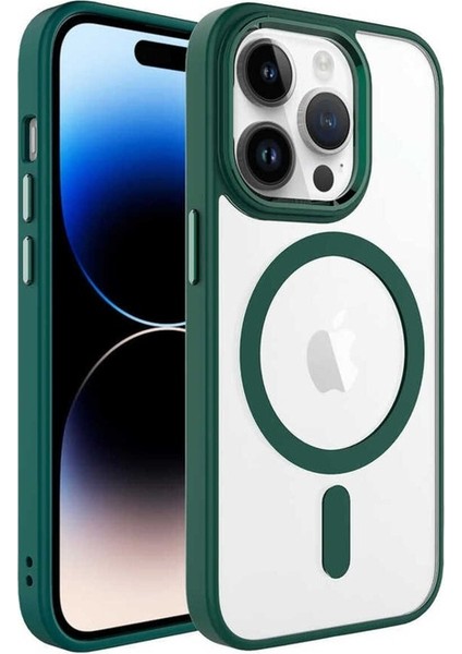 Apple iPhone 14 Pro Max Uyumlu Kılıf Wireless Şarj Özellikli Krom Magsafe Silikon Kapak, Koyu Yeşil
