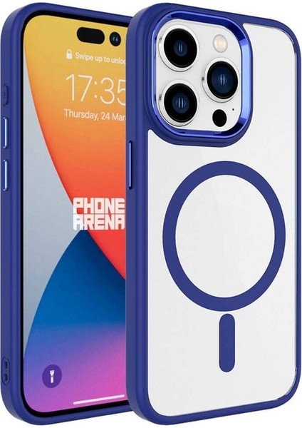 Apple iPhone 15 Pro Max Uyumlu Kılıf Wireless Şarj Özellikli Krom Magsafe Silikon Kapak, Lacivert
