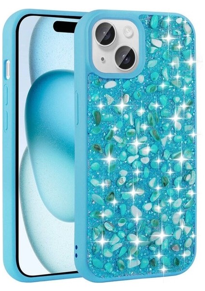 Apple iPhone 15 Uyumlu Kılıf Parlak Taşlı Tasarım Linea Diamond Kapak, Mavi Açık