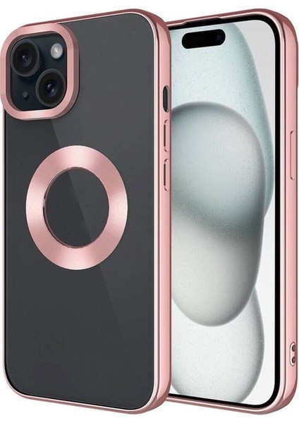 Apple iPhone 15 Uyumlu Kılıf Tek Kamera Çerçeveli Logo Gösteren Omega Kapak, Rose Gold