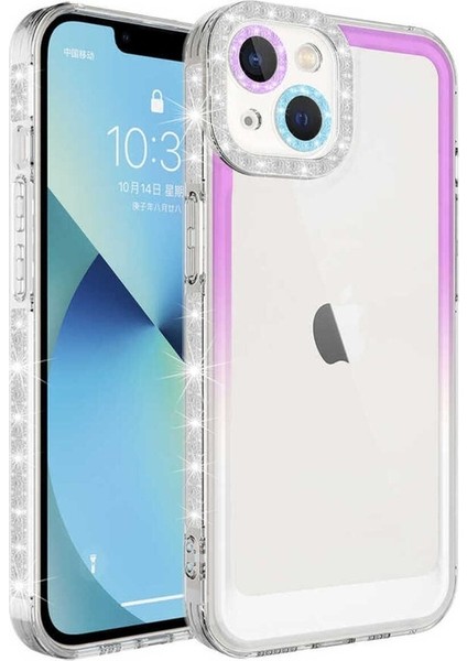 Apple iPhone 14 Uyumlu Kılıf Simli ve Renk Geçiş Tasarımlı Lens Korumalı Park Kapak, Mor-Beyaz