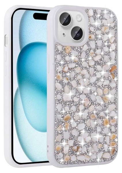 Apple iPhone 15 Uyumlu Kılıf Parlak Taşlı Tasarım Linea Kapak, Beyaz