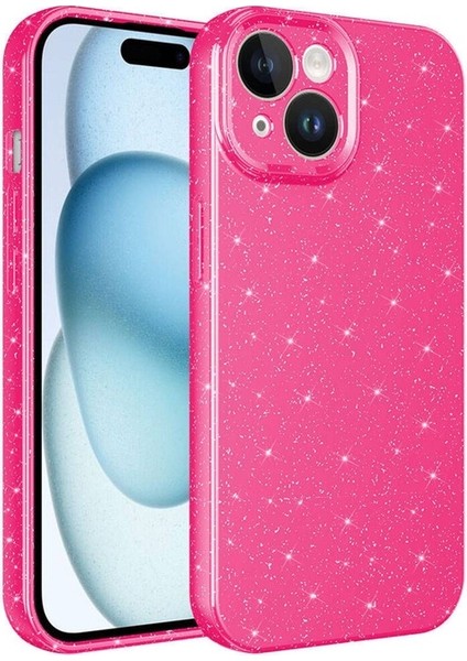 Apple iPhone 15 Plus Uyumlu Kılıf Kamera Korumalı Simli Lüks Koton Kapak, Pembe Koyu