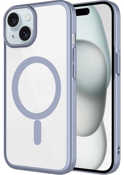 Apple iPhone 15 Plus Uyumlu Kılıf Wireless Şarj Özellikli Sert Pc Mat Riksos Magsafe Kapak, Gri