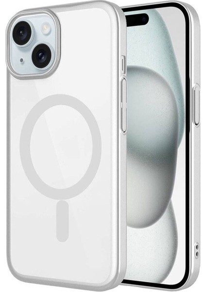 Apple iPhone 15 Uyumlu Kılıf Wireless Şarj Özellikli Sert Pc Mat Riksos Magsafe Kapak, Gümüş