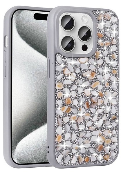 Apple iPhone 15 Pro Uyumlu Kılıf Parlak Taşlı Tasarım Linea Kapak, Gümüş