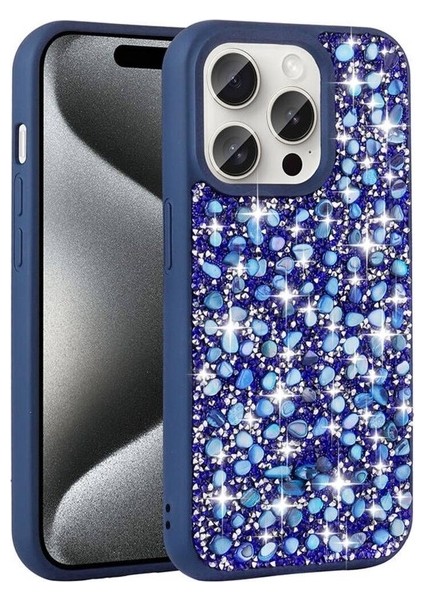 Apple iPhone 15 Pro Uyumlu Kılıf Parlak Taşlı Tasarım Linea Kapak, Lacivert