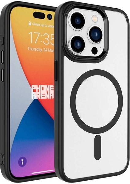 Apple iPhone 15 Pro Max Uyumlu Kılıf Wireless Şarj Özellikli Krom Magsafe Silikon Kapak, Siyah