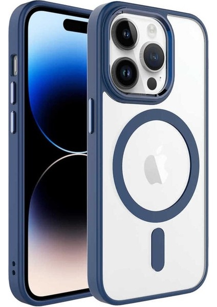 Apple iPhone 14 Pro Uyumlu Kılıf Wireless Şarj Özellikli Krom Magsafe Silikon Kapak, Lacivert