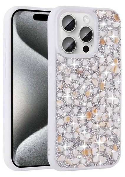 Apple iPhone 15 Pro Uyumlu Kılıf Parlak Taşlı Tasarım Linea Diamond Kapak, Beyaz