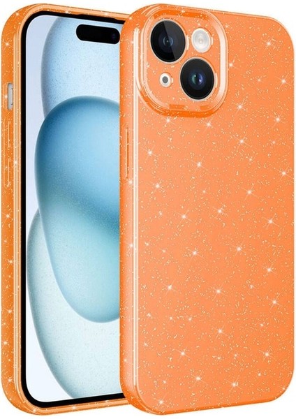 Apple iPhone 15 Plus Uyumlu Kılıf Kamera Korumalı Simli Lüks Koton Kapak, Turuncu