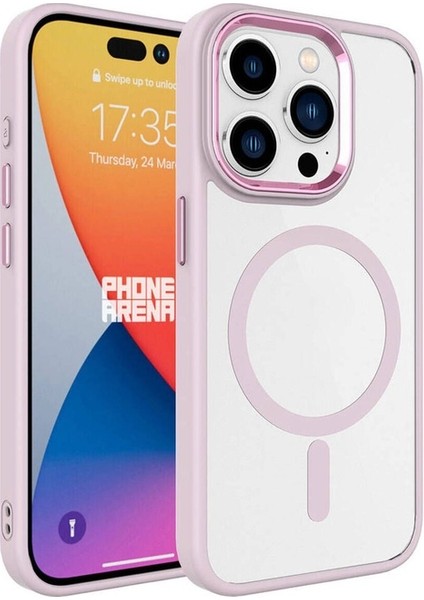 Apple iPhone 15 Pro Max Uyumlu Kılıf Wireless Şarj Özellikli Krom Magsafe Silikon Kapak, Pembe Açık