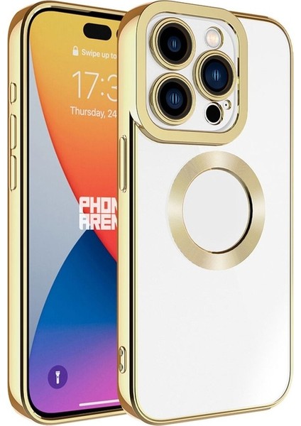 Apple iPhone 15 Pro Uyumlu Kılıf Kamera Korumalı Logo Gösteren Omega Kapak, Gold