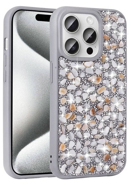 Apple iPhone 15 Pro Uyumlu Kılıf Parlak Taşlı Tasarım Linea Diamond Kapak, Gümüş