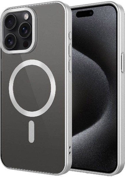 Apple iPhone 15 Pro Max Uyumlu Kılıf Mat Tasarımlı Magsafe Wireless Şarj Özellikli Mat Setro Kapak, Gümüş