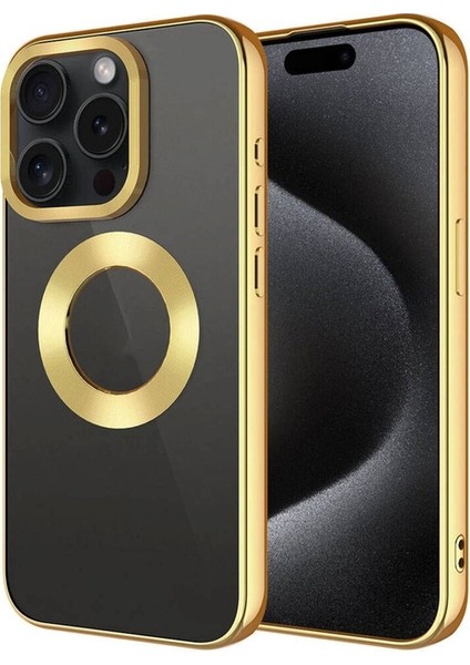 Apple iPhone 15 Pro Max Uyumlu Kılıf Tek Kamera Çerçeveli Logo Gösteren Omega Kapak, Gold