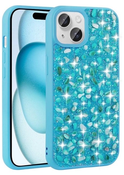 Apple iPhone 15 Uyumlu Kılıf Parlak Taşlı Tasarım Linea Kapak, Mavi Açık