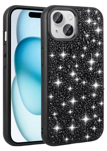 Apple iPhone 15 Plus Uyumlu Kılıf Parlak Taşlı Tasarım Linea Kapak, Siyah
