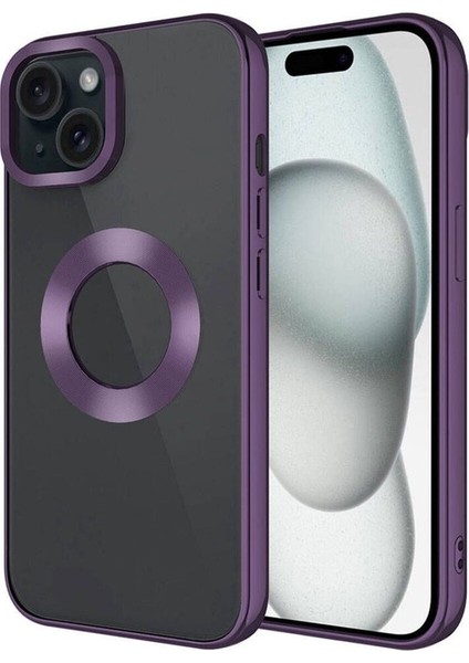 Apple iPhone 15 Plus Uyumlu Kılıf Tek Kamera Çerçeveli Logo Gösteren Omega Kapak, Derin Mor
