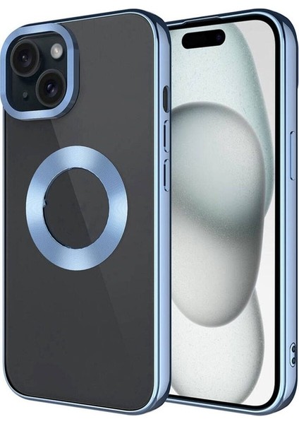 Apple iPhone 15 Uyumlu Kılıf Tek Kamera Çerçeveli Logo Gösteren Omega Kapak, Sierra Mavi