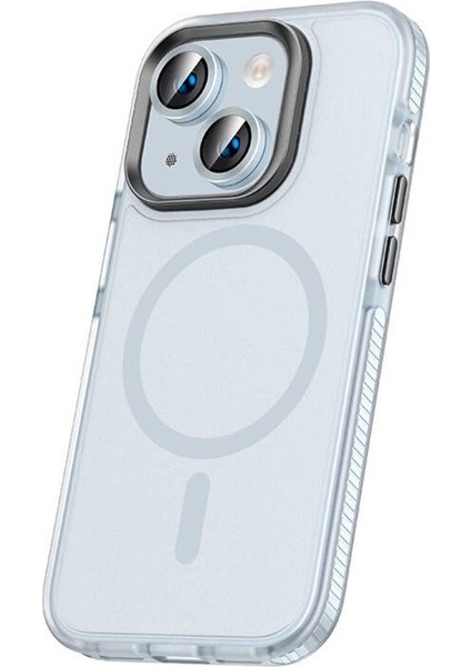 Apple iPhone 15 Plus Uyumlu Kılıf Airbagli Magsafe Wireless Şarj Özellikli Lens Koruyuculu Klaptika Kapak, Mavi Açık