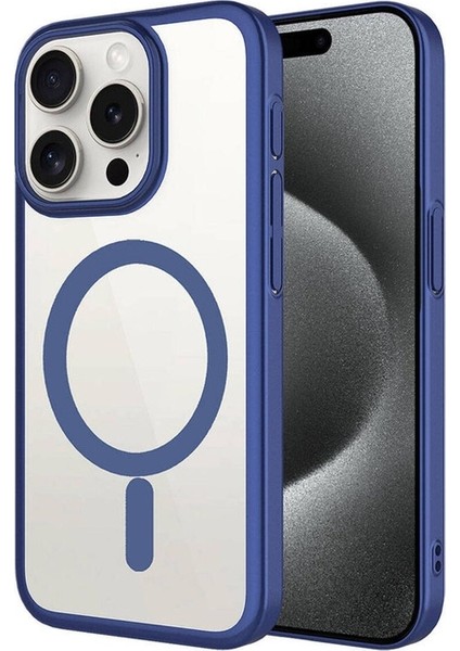 Apple iPhone 15 Pro Uyumlu Kılıf Wireless Şarj Özellikli Sert Pc Mat Riksos Magsafe Kapak, Lacivert