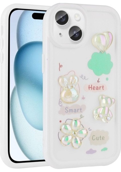 Apple iPhone 15 Uyumlu Kılıf Kabartma Figürlü Parlak Toys Silikon Kapak, Beyaz